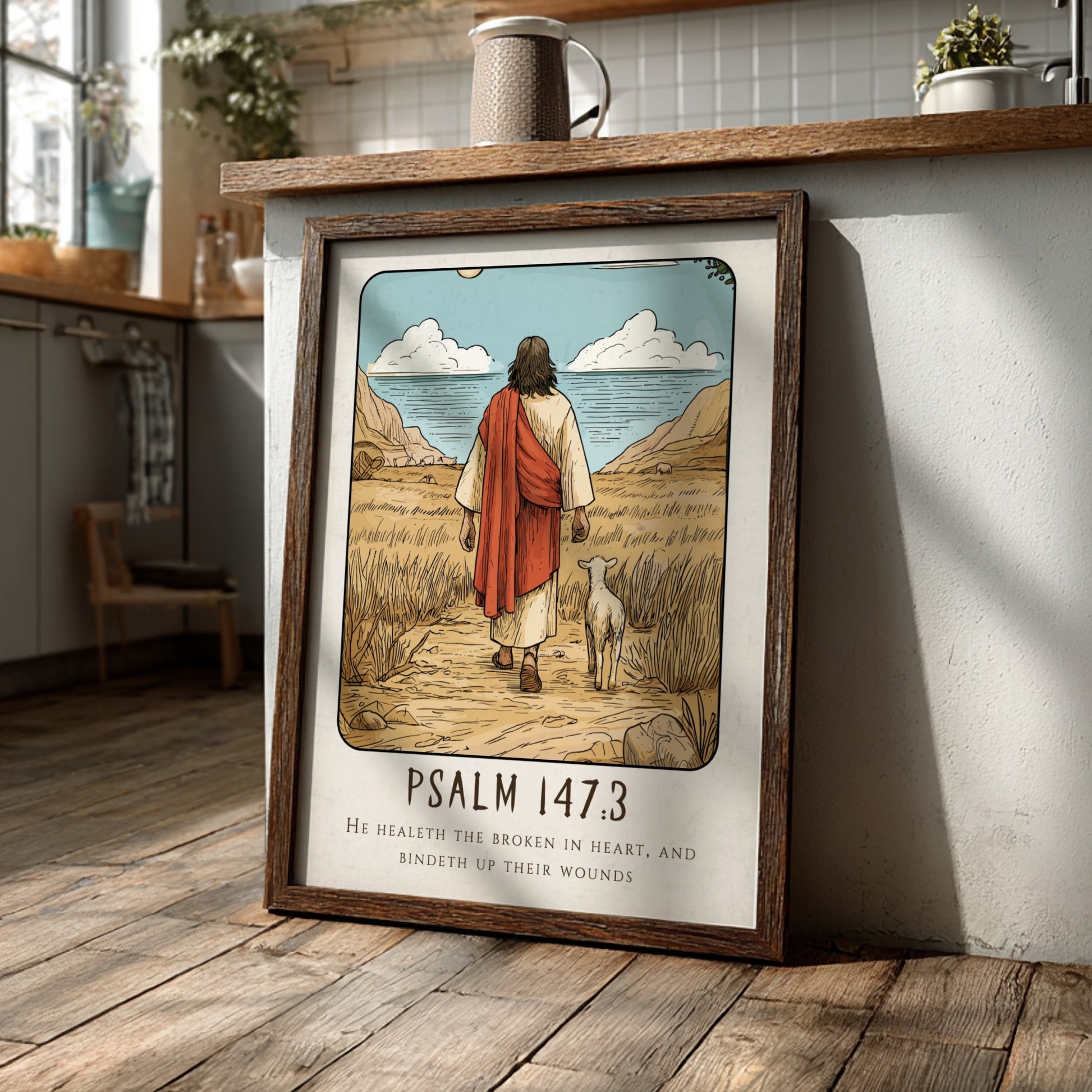 Psalm 147:3 poster featuring a serene landscape and a figure with a sheep, inspirational religious art in