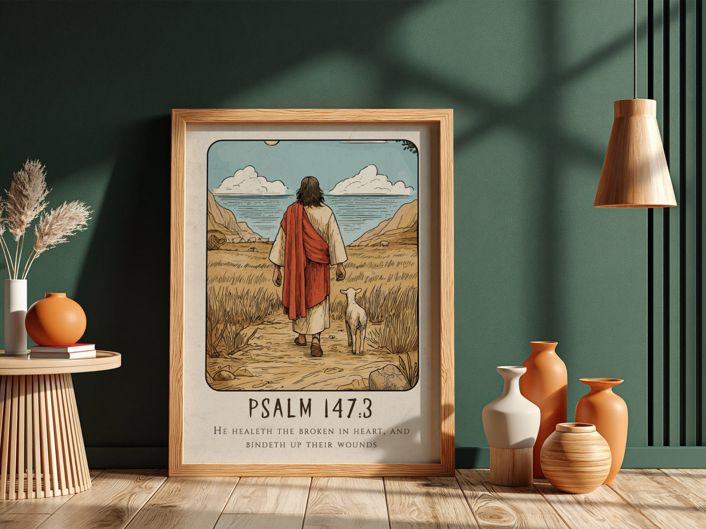 Psalm 147:3 poster featuring a serene landscape and a figure with a sheep, inspirational religious art in