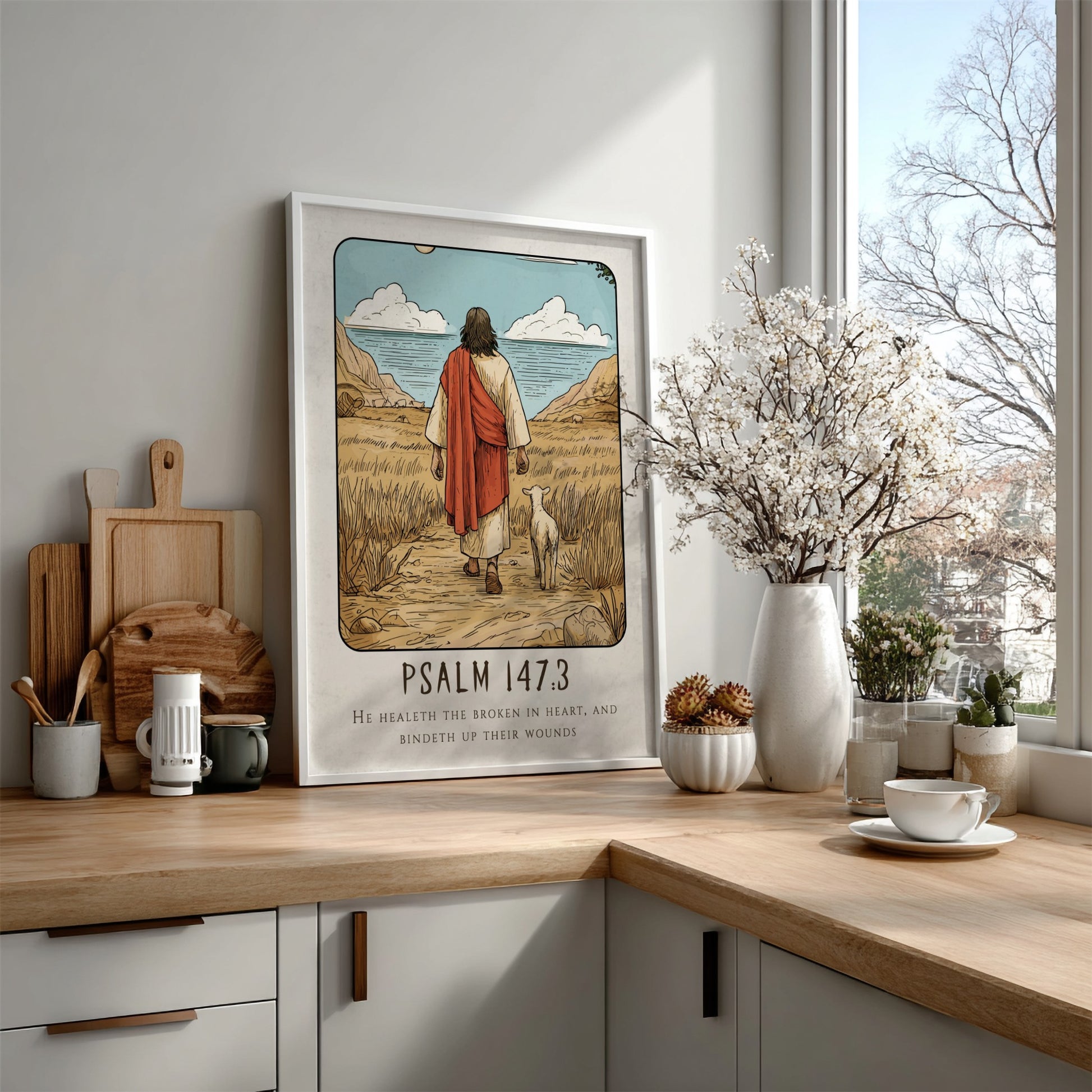 Psalm 147:3 poster featuring a serene landscape and a figure with a sheep, inspirational religious art in