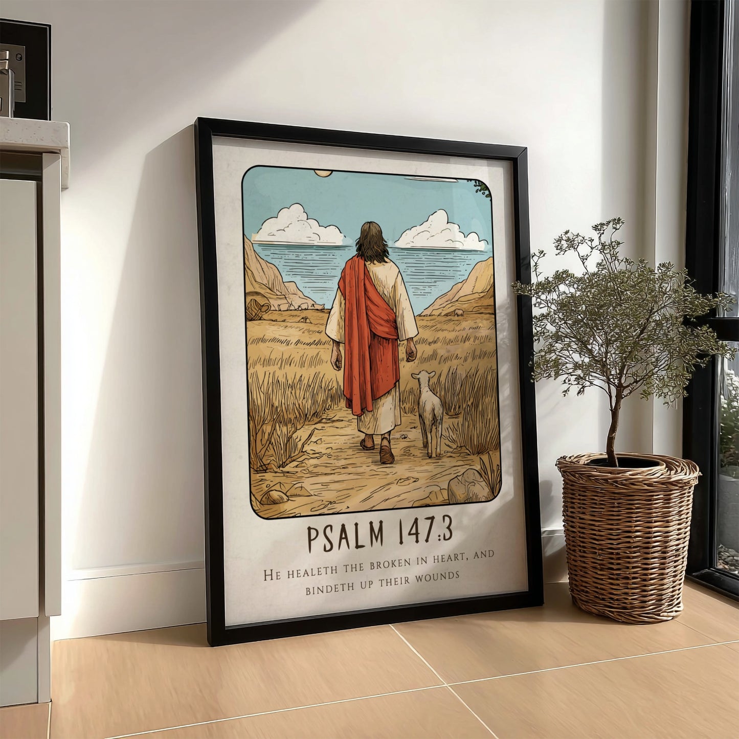 Psalm 147:3 poster featuring a serene landscape and a figure with a sheep, inspirational religious art in