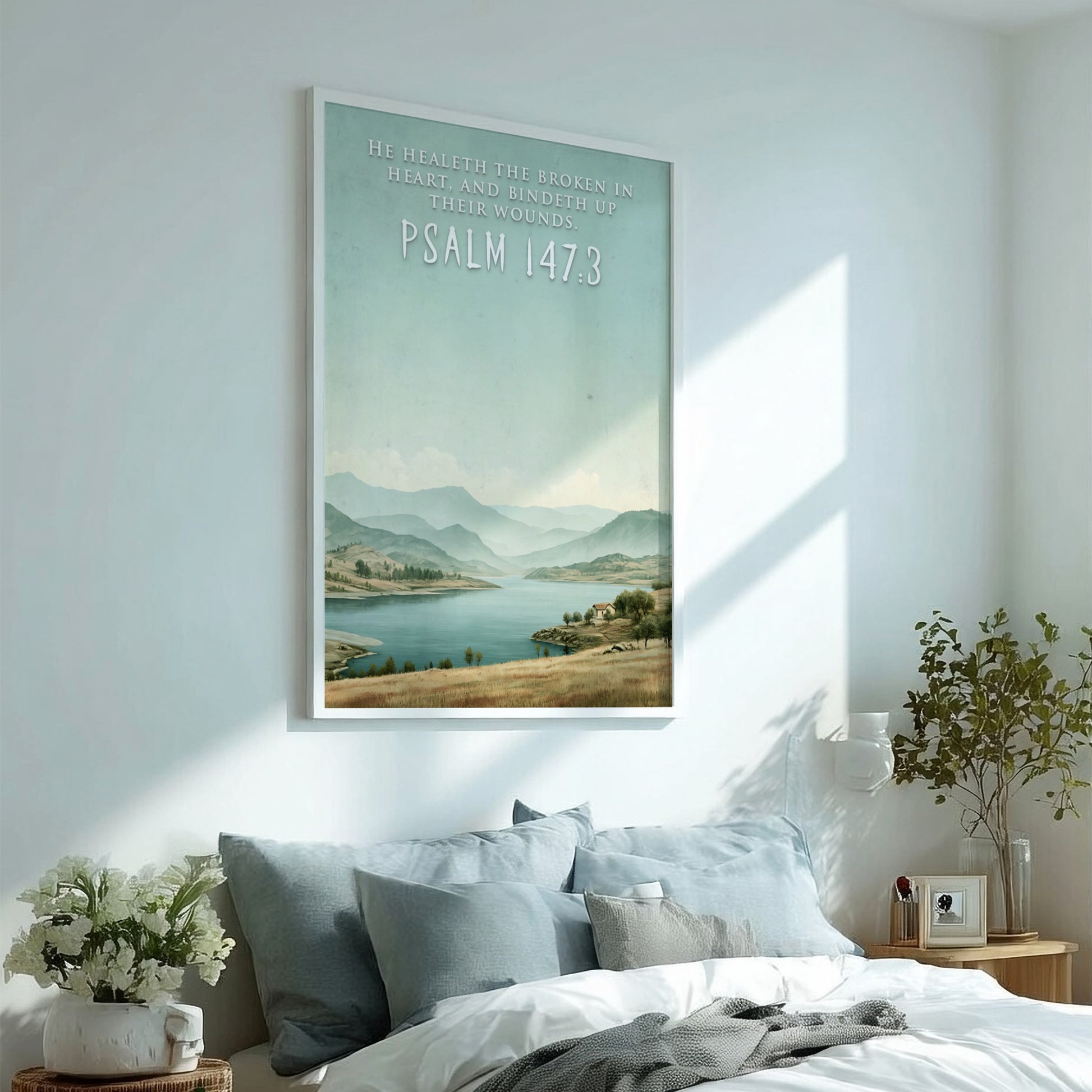 Poster featuring a serene lake and hills with the quote He Healeth the Broken