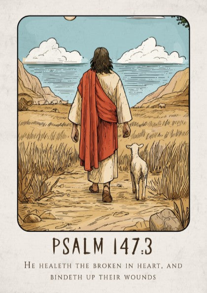 Psalm 147:3 poster featuring a serene landscape and a figure with a sheep, inspirational religious art in