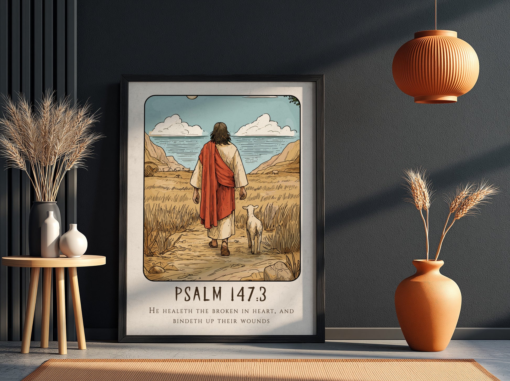 Psalm 147:3 poster featuring a serene landscape and a figure with a sheep, inspirational religious art in