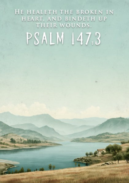 Poster featuring a serene lake and hills with the quote He Healeth the Broken