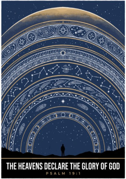 Poster featuring deep navy night sky with gold constellations and moon phases above silhouette