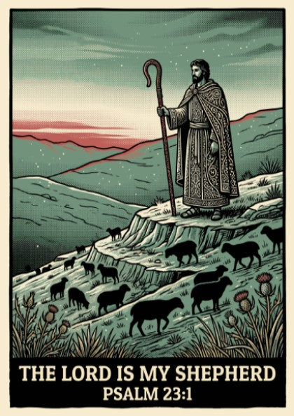 Poster featuring a shepherd with a staff watching over sheep on a hillside