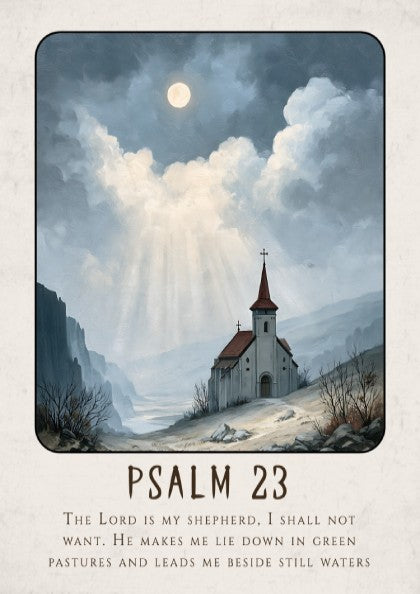 Psalm 23 poster featuring a church in a serene landscape with soft colors, ideal for spiritual wall decor.