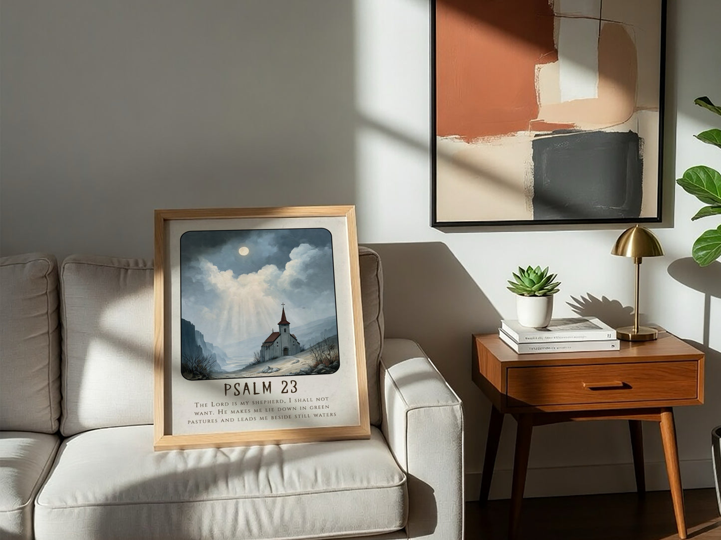 Psalm 23 poster featuring a church in a serene landscape with soft colors, ideal for spiritual wall decor.