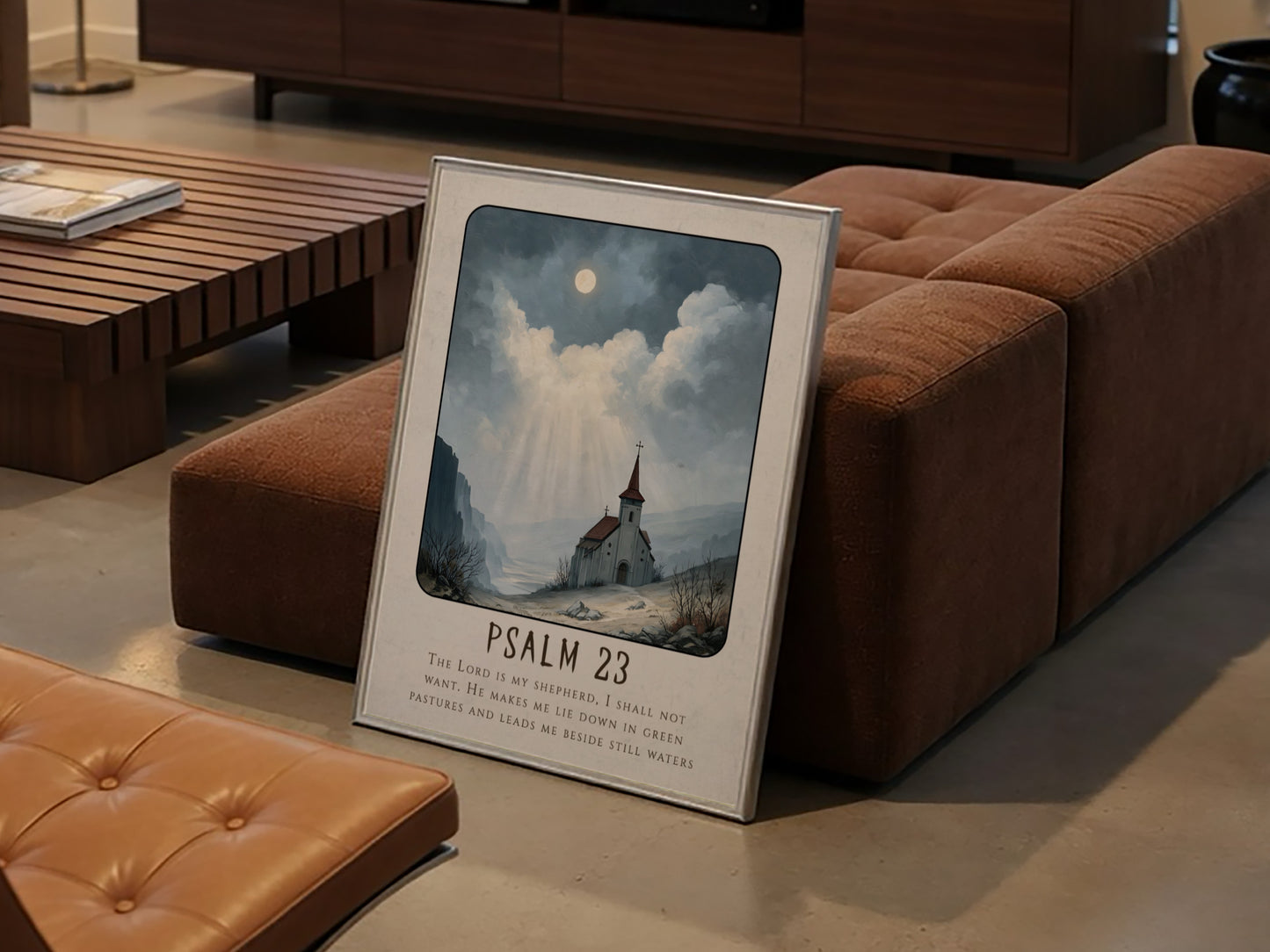 Psalm 23 poster featuring a church in a serene landscape with soft colors, ideal for spiritual wall decor.