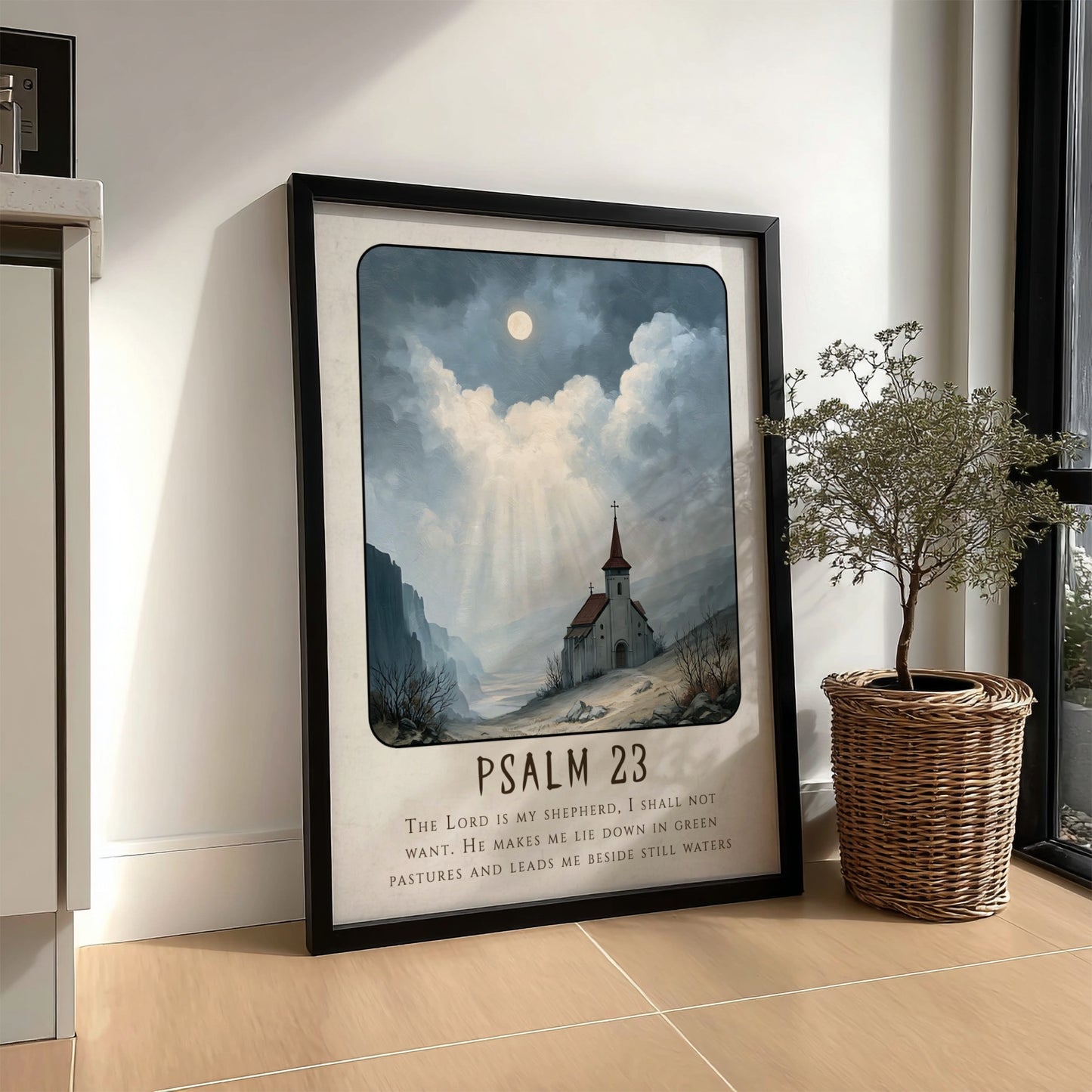 Psalm 23 poster featuring a church in a serene landscape with soft colors, ideal for spiritual wall decor.
