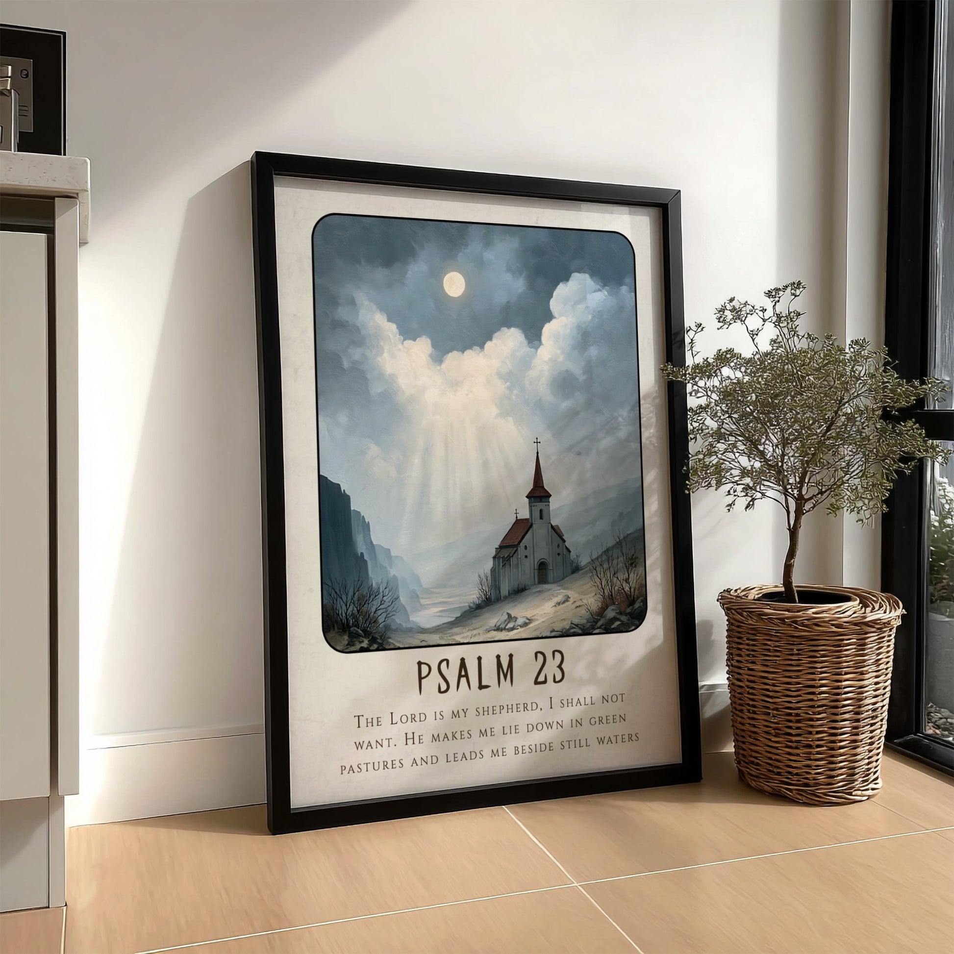 Psalm 23 poster featuring a church in a serene landscape with soft colors, ideal for spiritual wall decor.