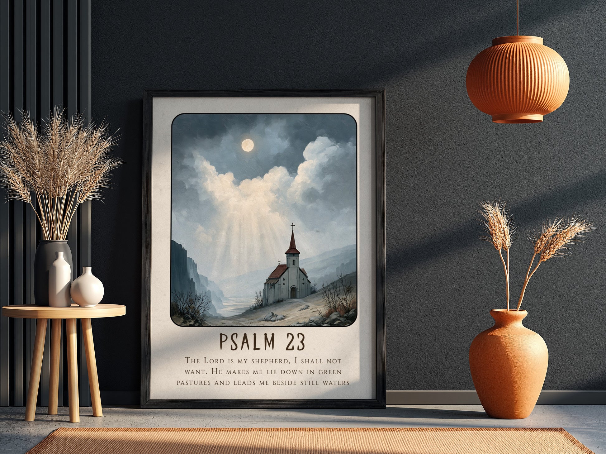 Psalm 23 poster featuring a church in a serene landscape with soft colors, ideal for spiritual wall decor.