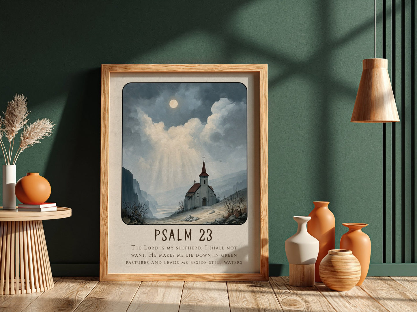 Psalm 23 poster featuring a church in a serene landscape with soft colors, ideal for spiritual wall decor.