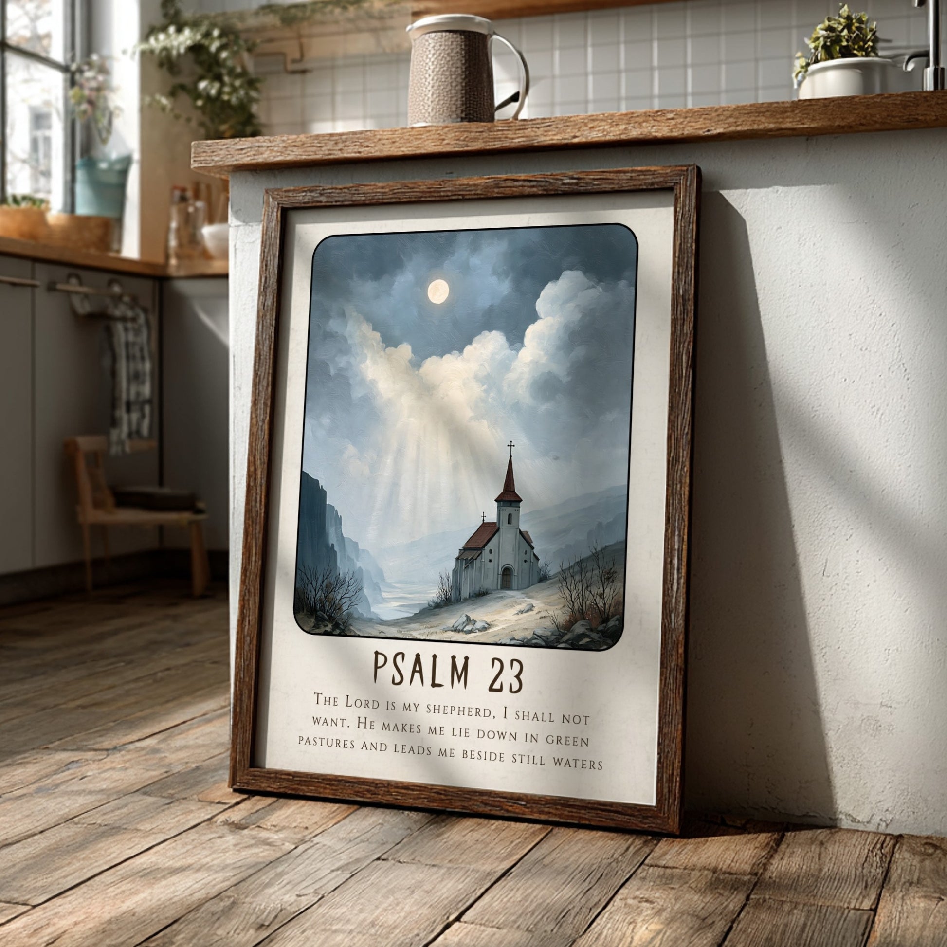 Psalm 23 poster featuring a church in a serene landscape with soft colors, ideal for spiritual wall decor.