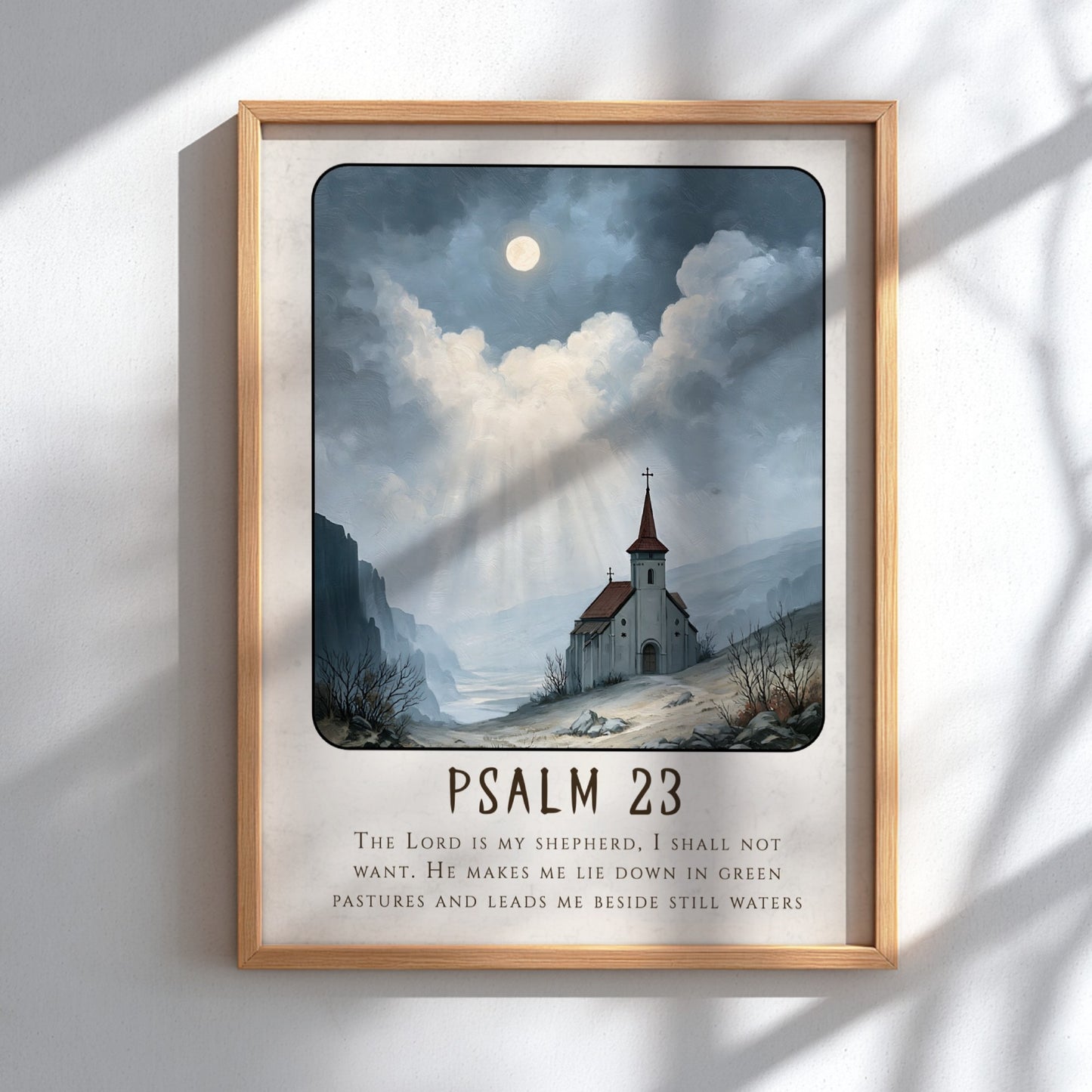 Psalm 23 poster featuring a church in a serene landscape with soft colors, ideal for spiritual wall decor.