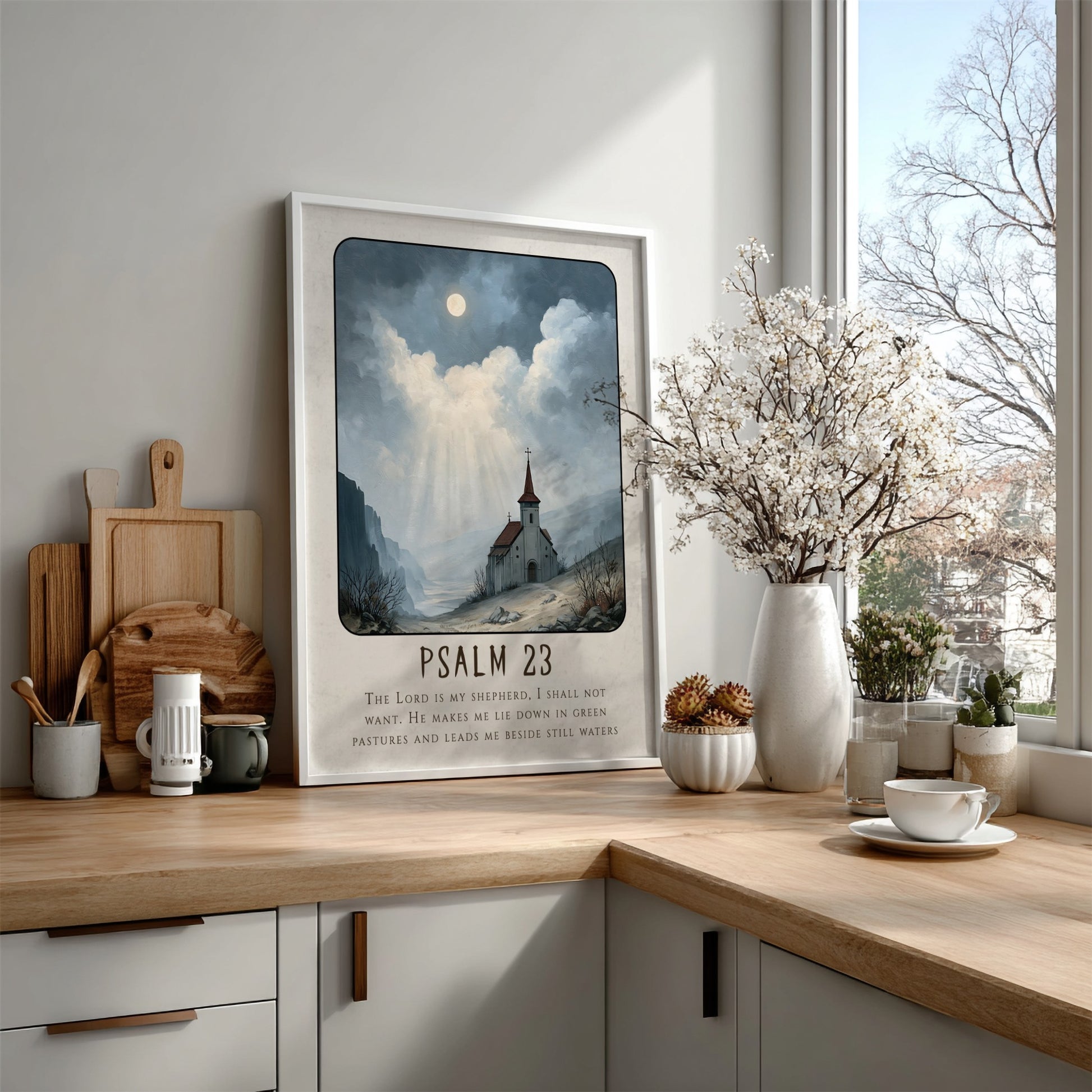 Psalm 23 poster featuring a church in a serene landscape with soft colors, ideal for spiritual wall decor.