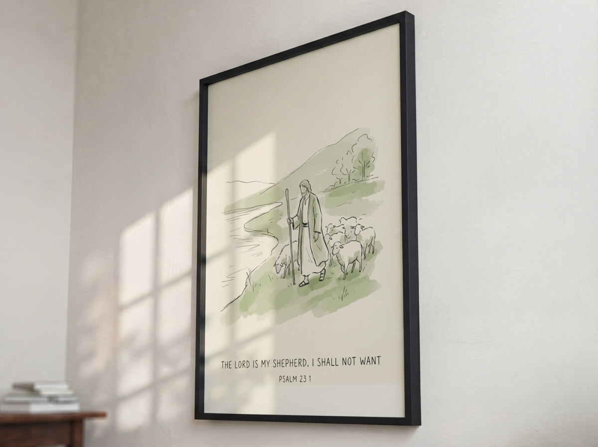 Poster featuring Jesus as a shepherd with sheep by a river in sage green