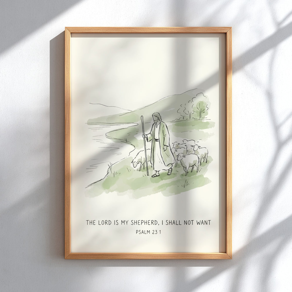 Poster featuring Jesus as a shepherd with sheep by a river in sage green