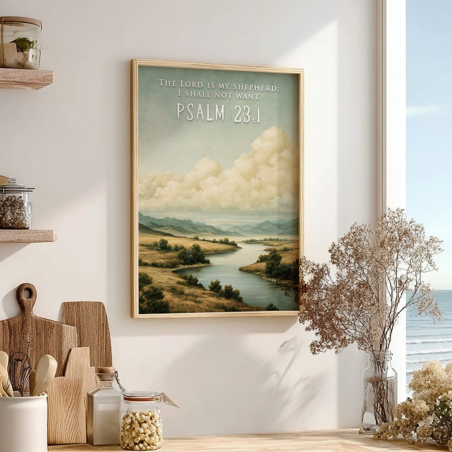 Poster featuring a serene river landscape with golden hills and The Lord Is My Shepherd text.
