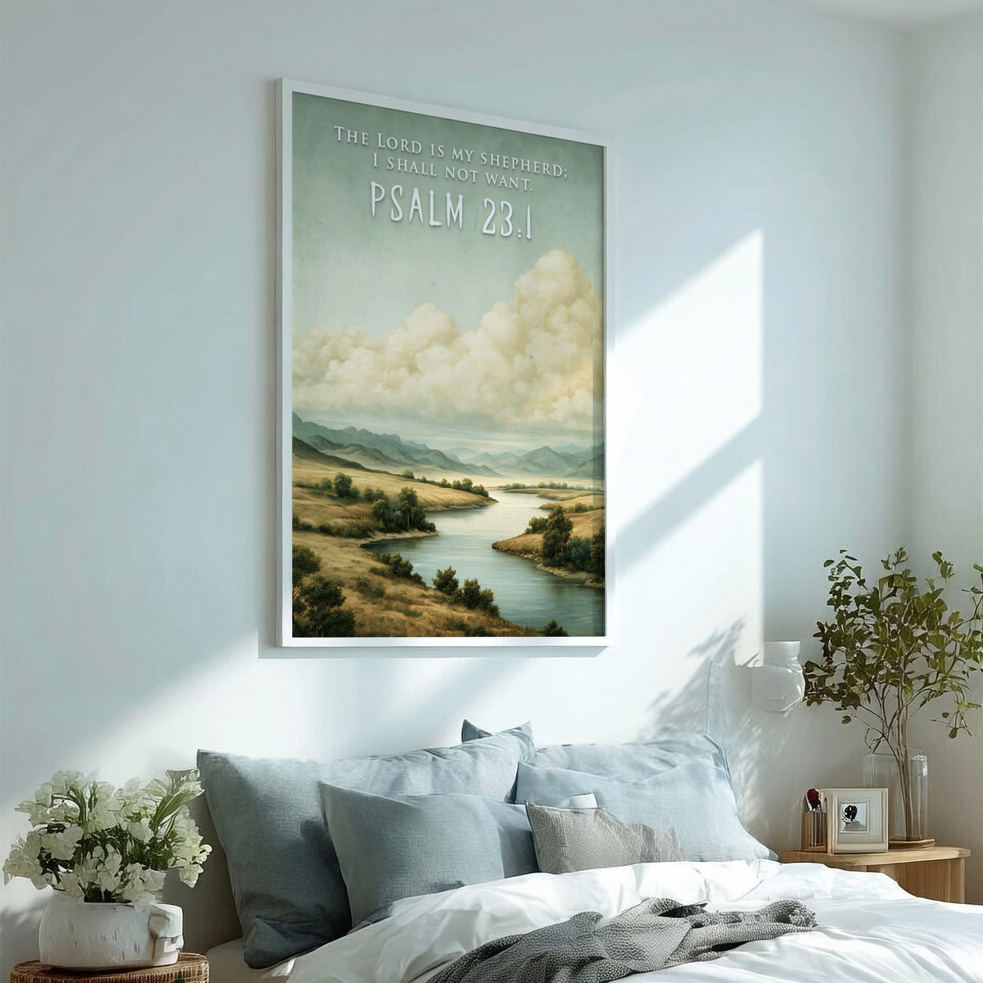 Poster featuring a serene river landscape with golden hills and The Lord Is My Shepherd text.
