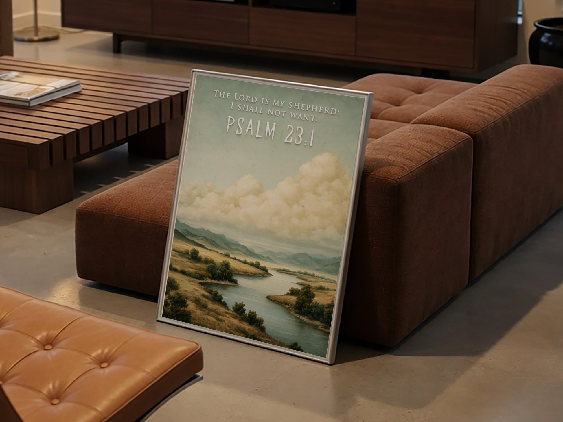 Poster featuring a serene river landscape with golden hills and The Lord Is My Shepherd text.