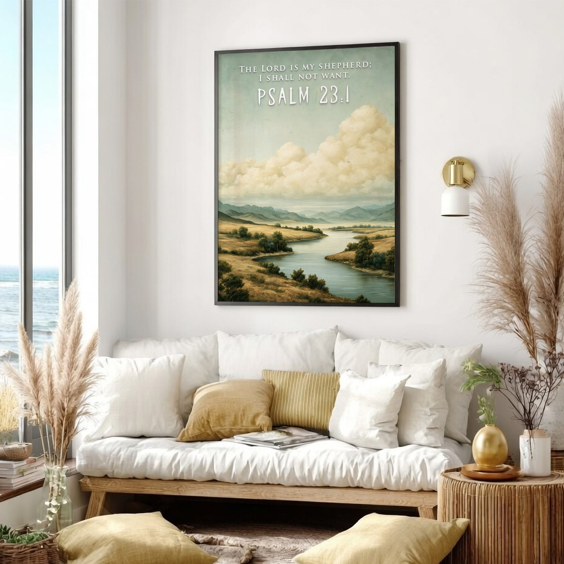 Poster featuring a serene river landscape with golden hills and The Lord Is My Shepherd text.