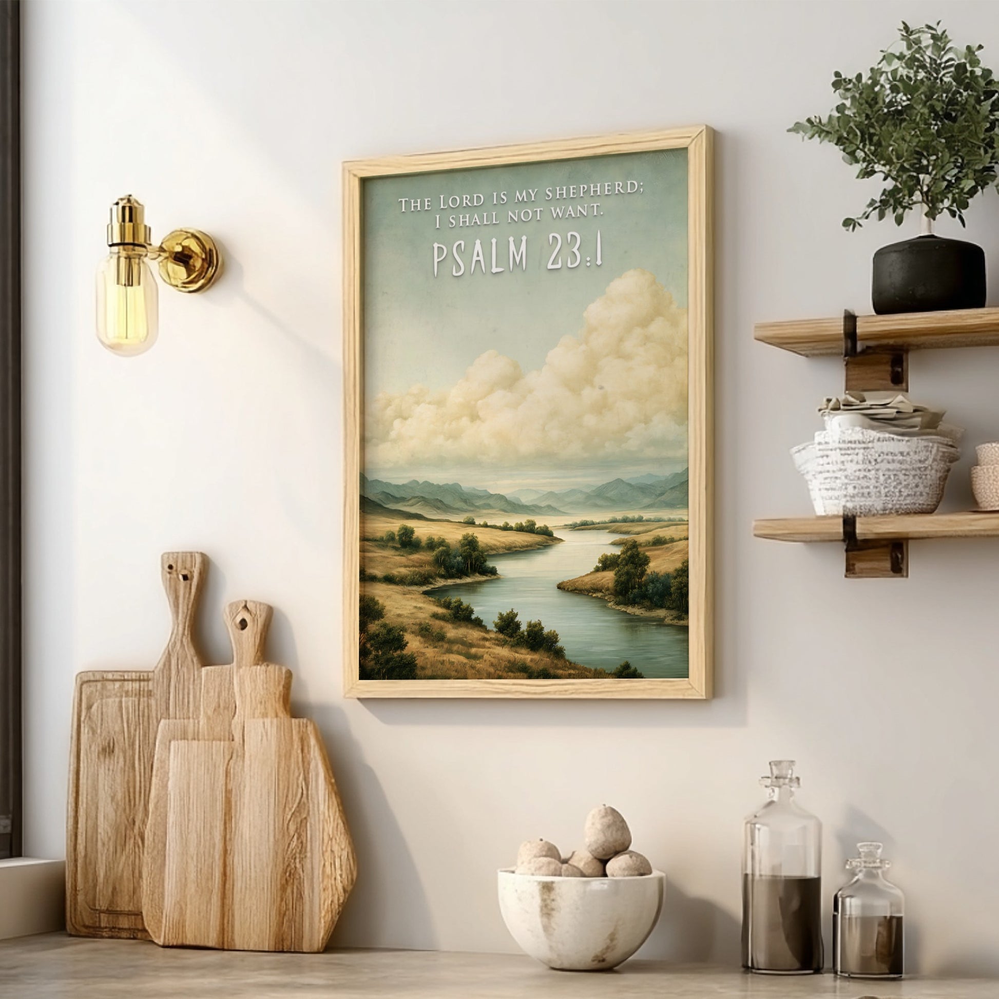 Poster featuring a serene river landscape with golden hills and The Lord Is My Shepherd text.