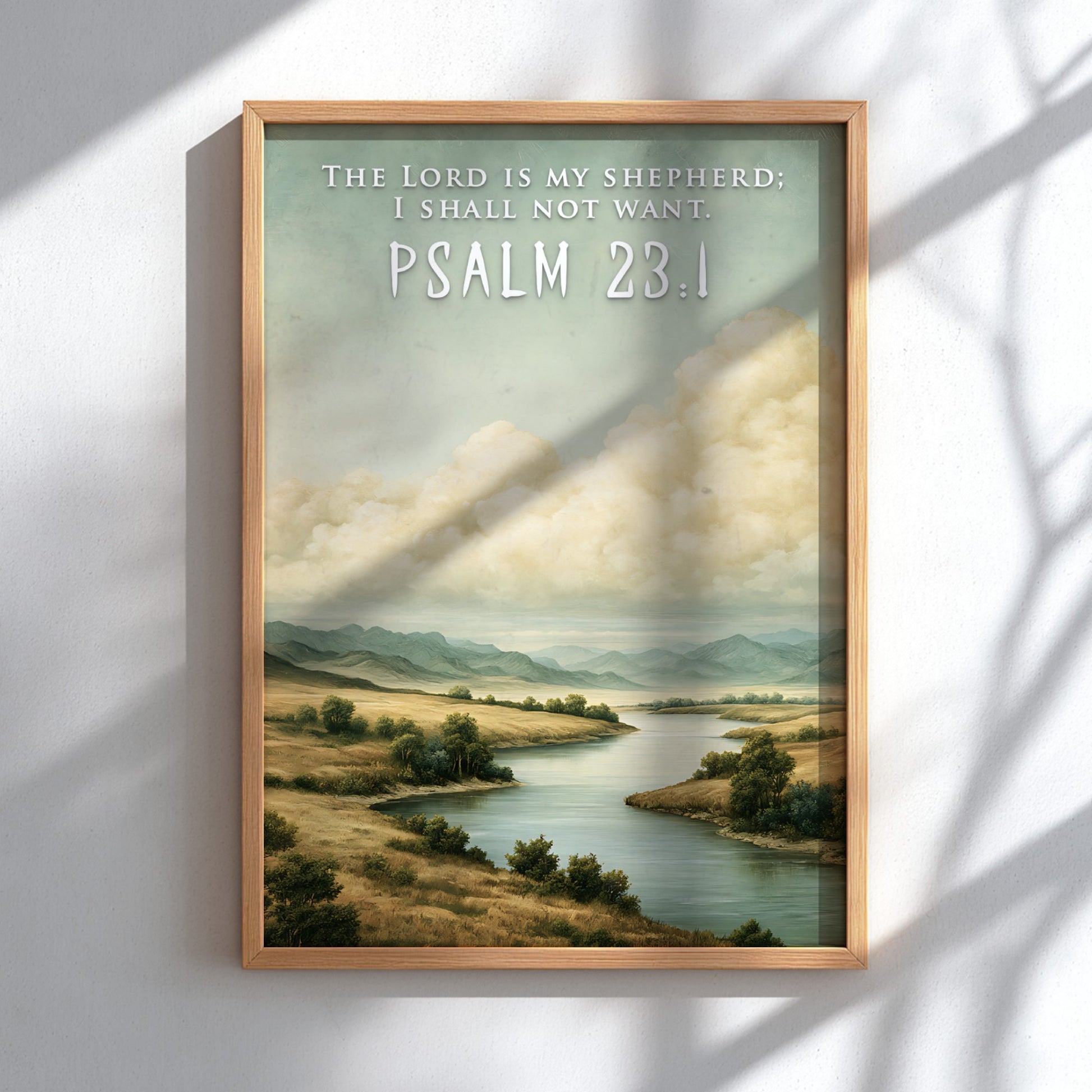 Poster featuring a serene river landscape with golden hills and The Lord Is My Shepherd text.