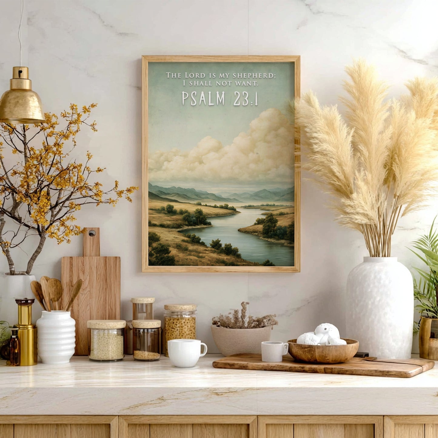 Poster featuring a serene river landscape with golden hills and The Lord Is My Shepherd text.