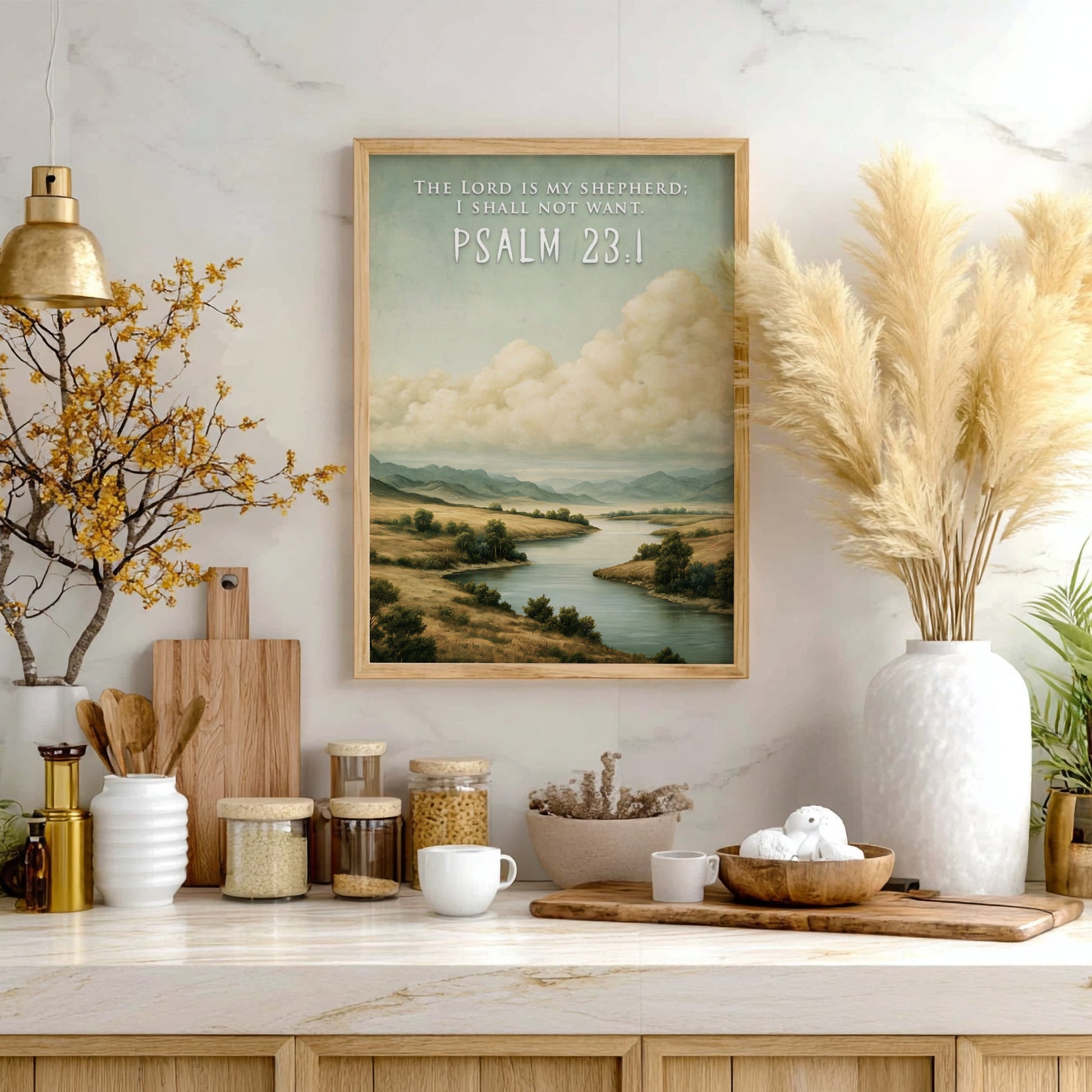 Poster featuring a serene river landscape with golden hills and The Lord Is My Shepherd text.