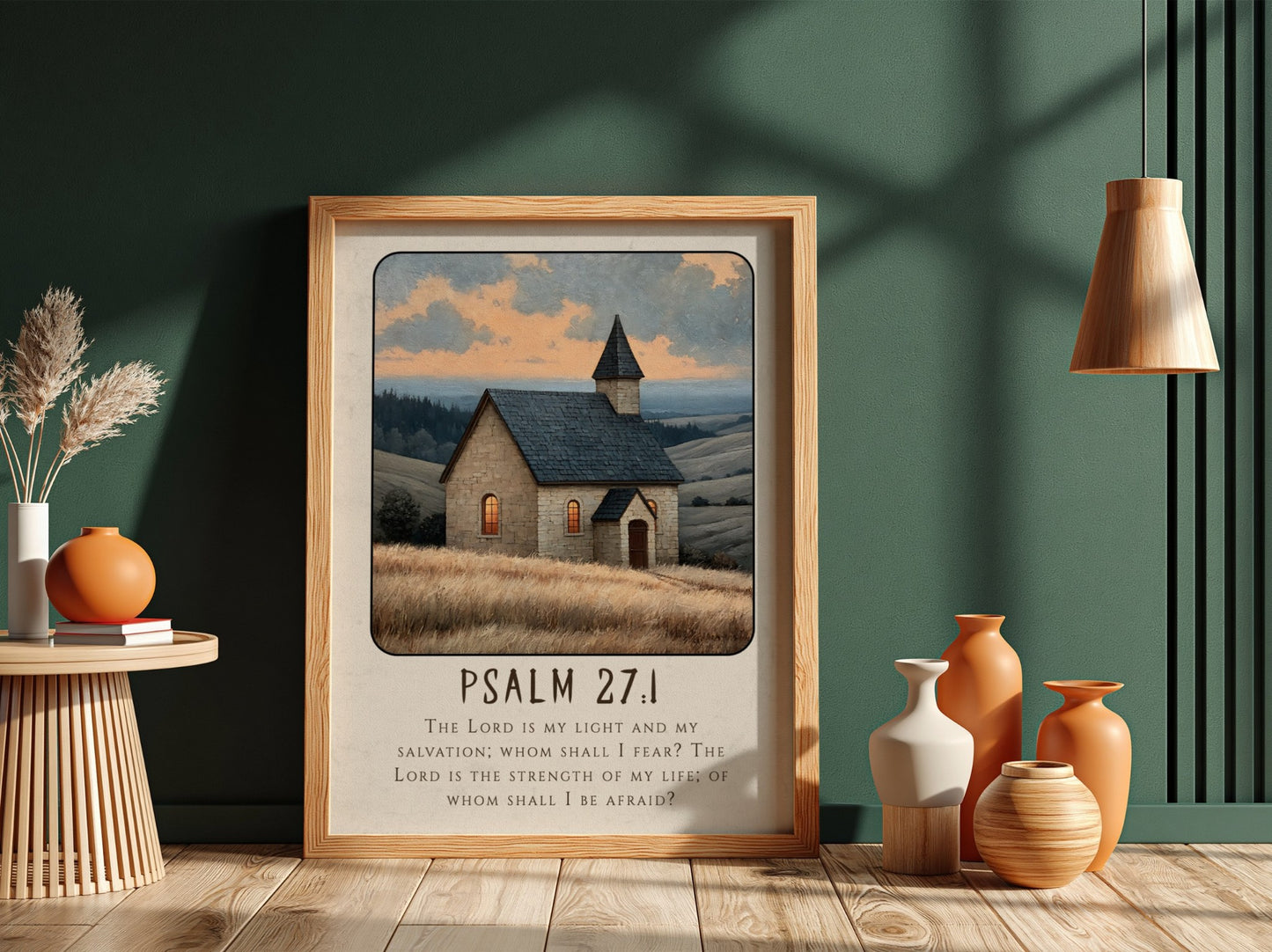 Psalm 27:1 poster featuring a serene church scene in warm colors, inspirational religion art for home decor