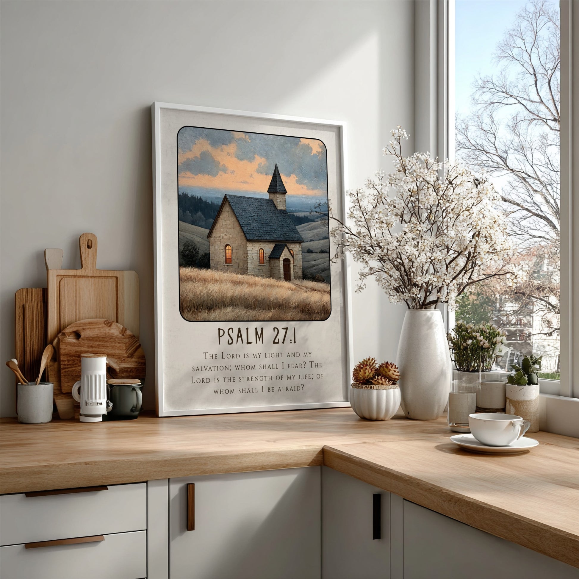 Psalm 27:1 poster featuring a serene church scene in warm colors, inspirational religion art for home decor