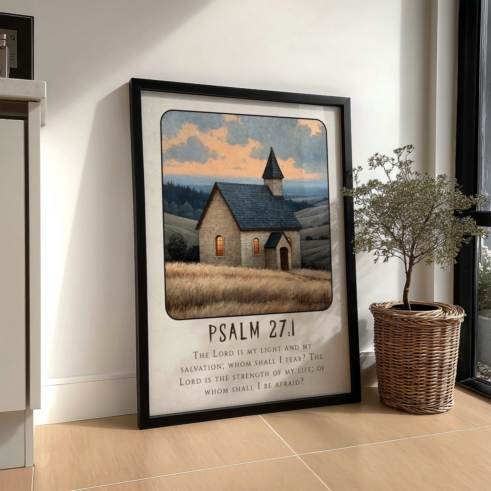 Psalm 27:1 poster featuring a serene church scene in warm colors, inspirational religion art for home decor