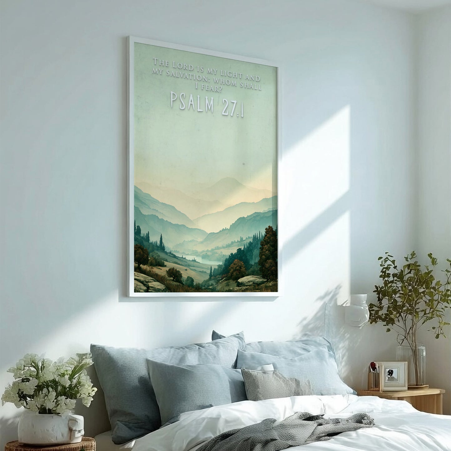 Poster displaying rolling hills and a misty valley with the Psalm 27:1 scripture quote.