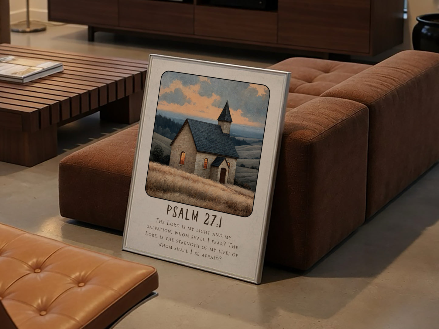 Psalm 27:1 poster featuring a serene church scene in warm colors, inspirational religion art for home decor