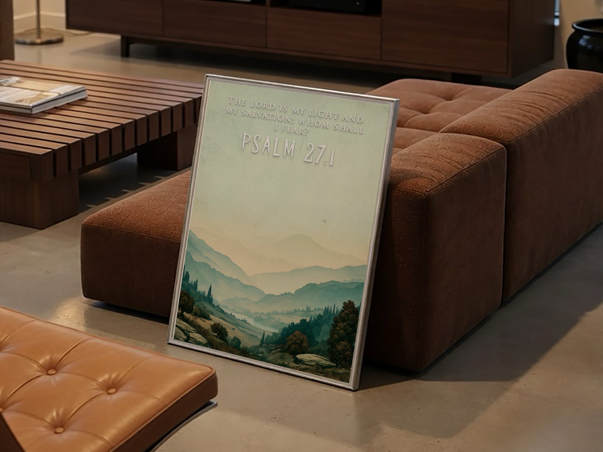 Poster displaying rolling hills and a misty valley with the Psalm 27:1 scripture quote.