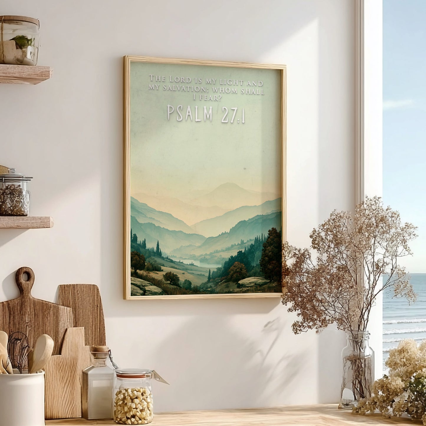 Poster displaying rolling hills and a misty valley with the Psalm 27:1 scripture quote.