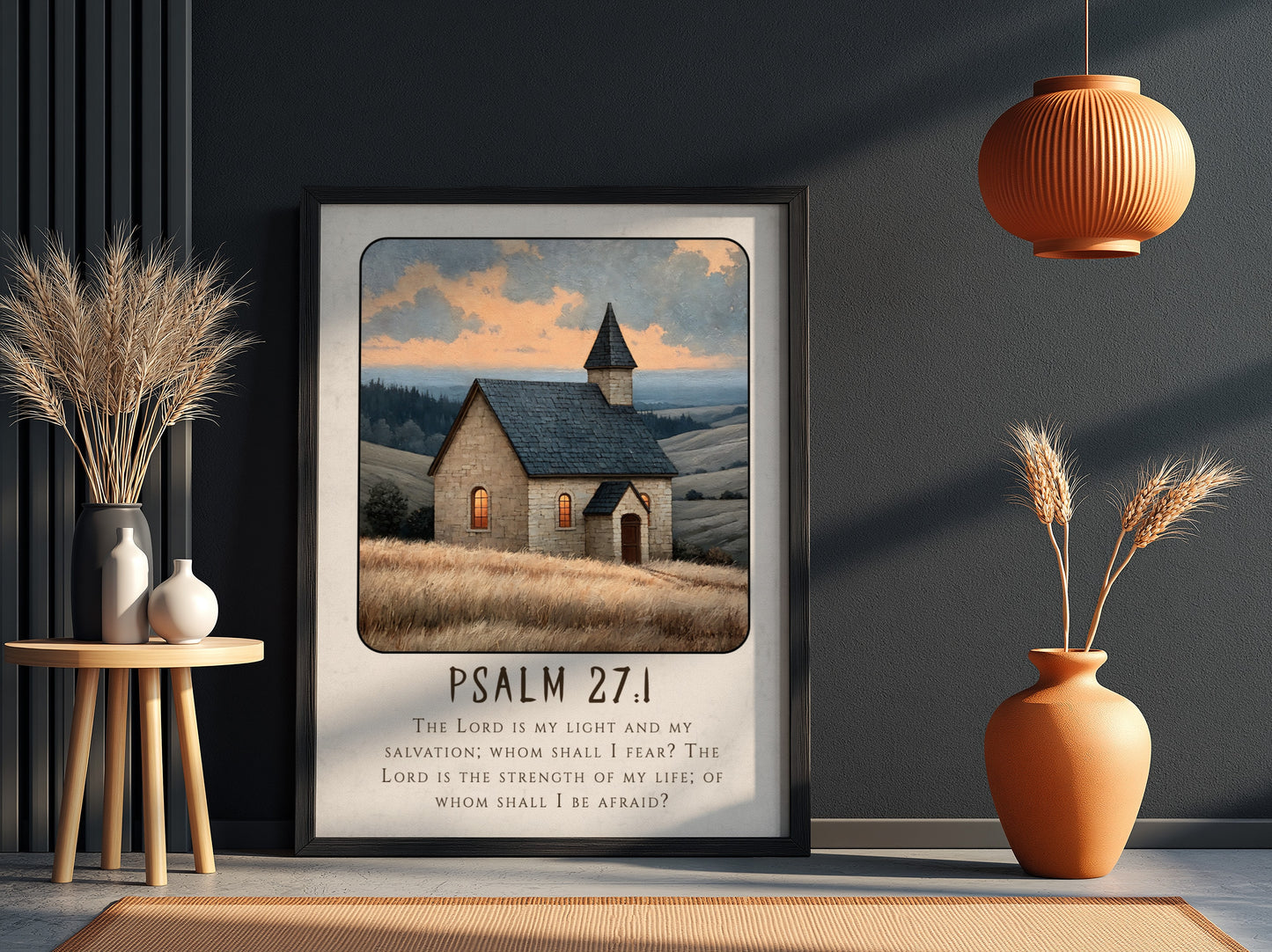 Psalm 27:1 poster featuring a serene church scene in warm colors, inspirational religion art for home decor