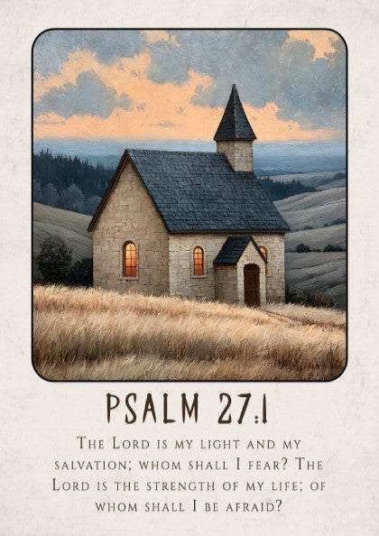 Psalm 27:1 poster featuring a serene church scene in warm colors, inspirational religion art for home decor