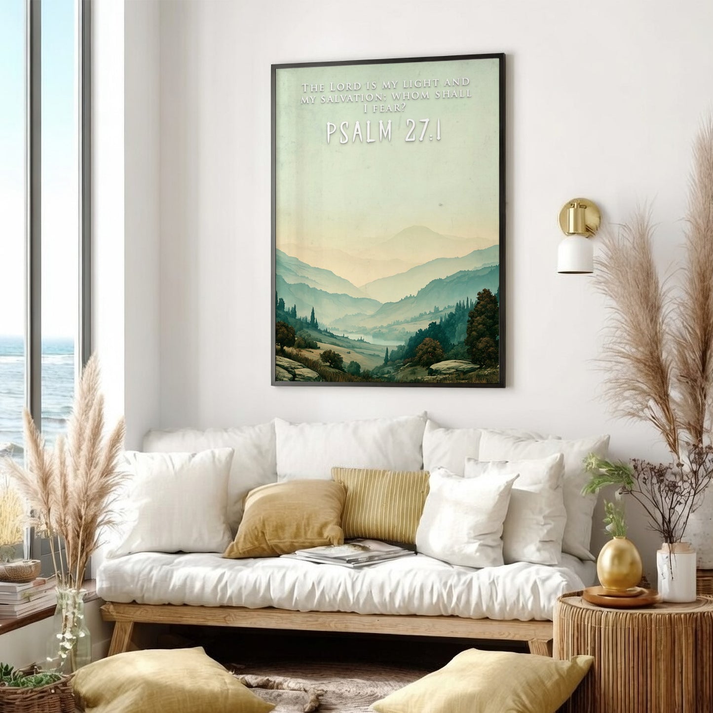 Poster displaying rolling hills and a misty valley with the Psalm 27:1 scripture quote.