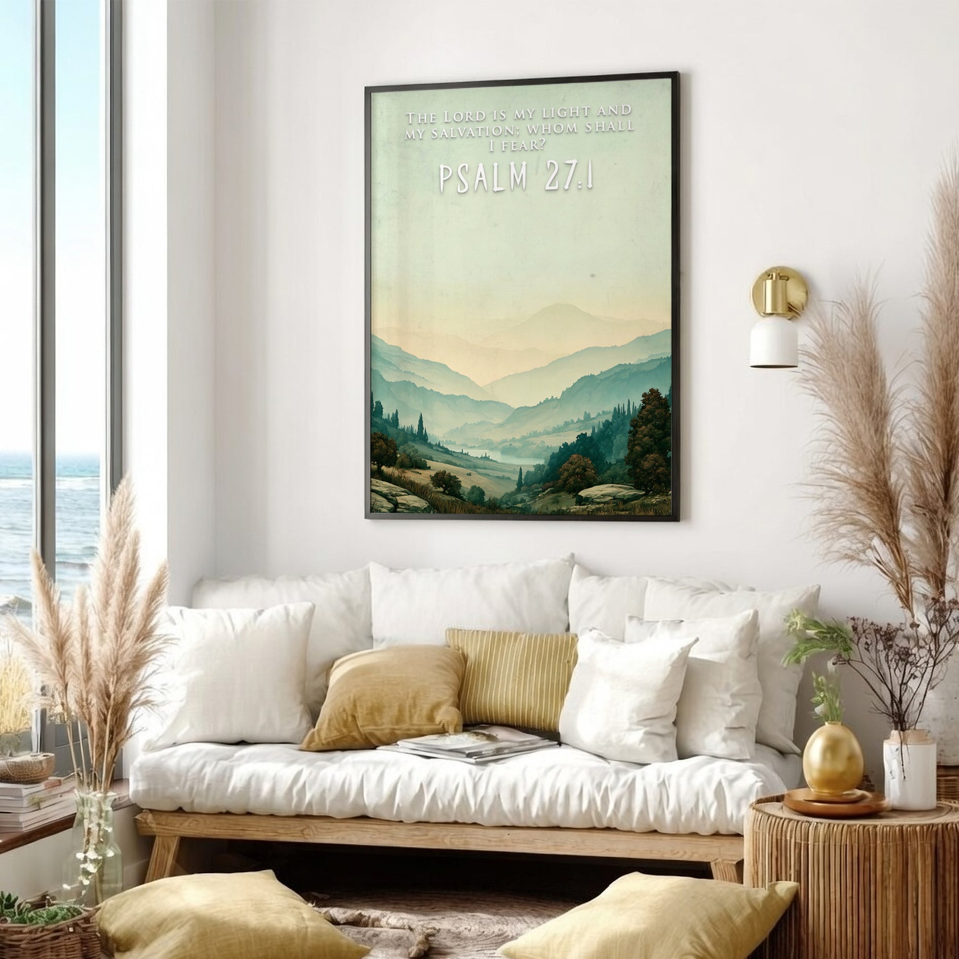 Poster displaying rolling hills and a misty valley with the Psalm 27:1 scripture quote.