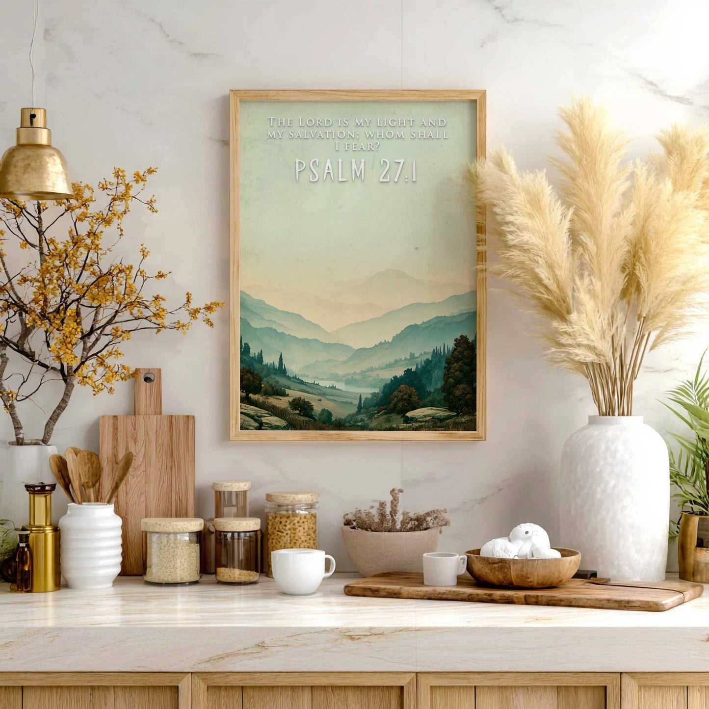 Poster displaying rolling hills and a misty valley with the Psalm 27:1 scripture quote.