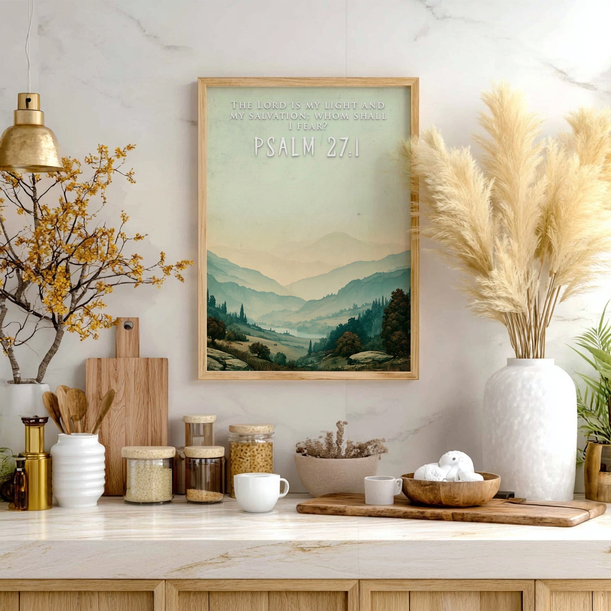 Poster displaying rolling hills and a misty valley with the Psalm 27:1 scripture quote.