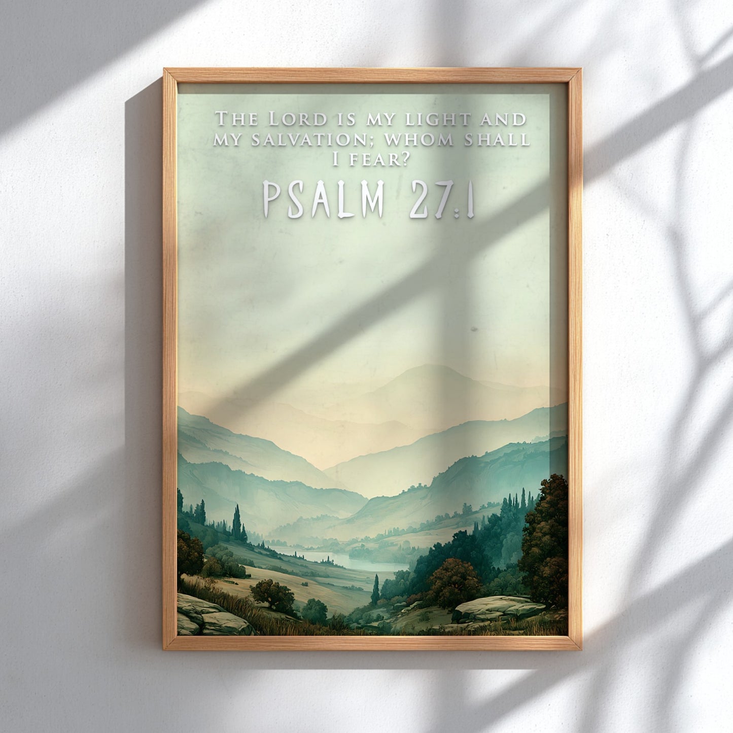 Poster displaying rolling hills and a misty valley with the Psalm 27:1 scripture quote.
