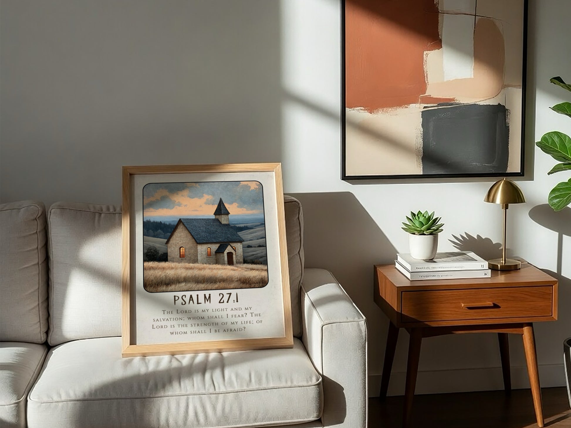 Psalm 27:1 poster featuring a serene church scene in warm colors, inspirational religion art for home decor