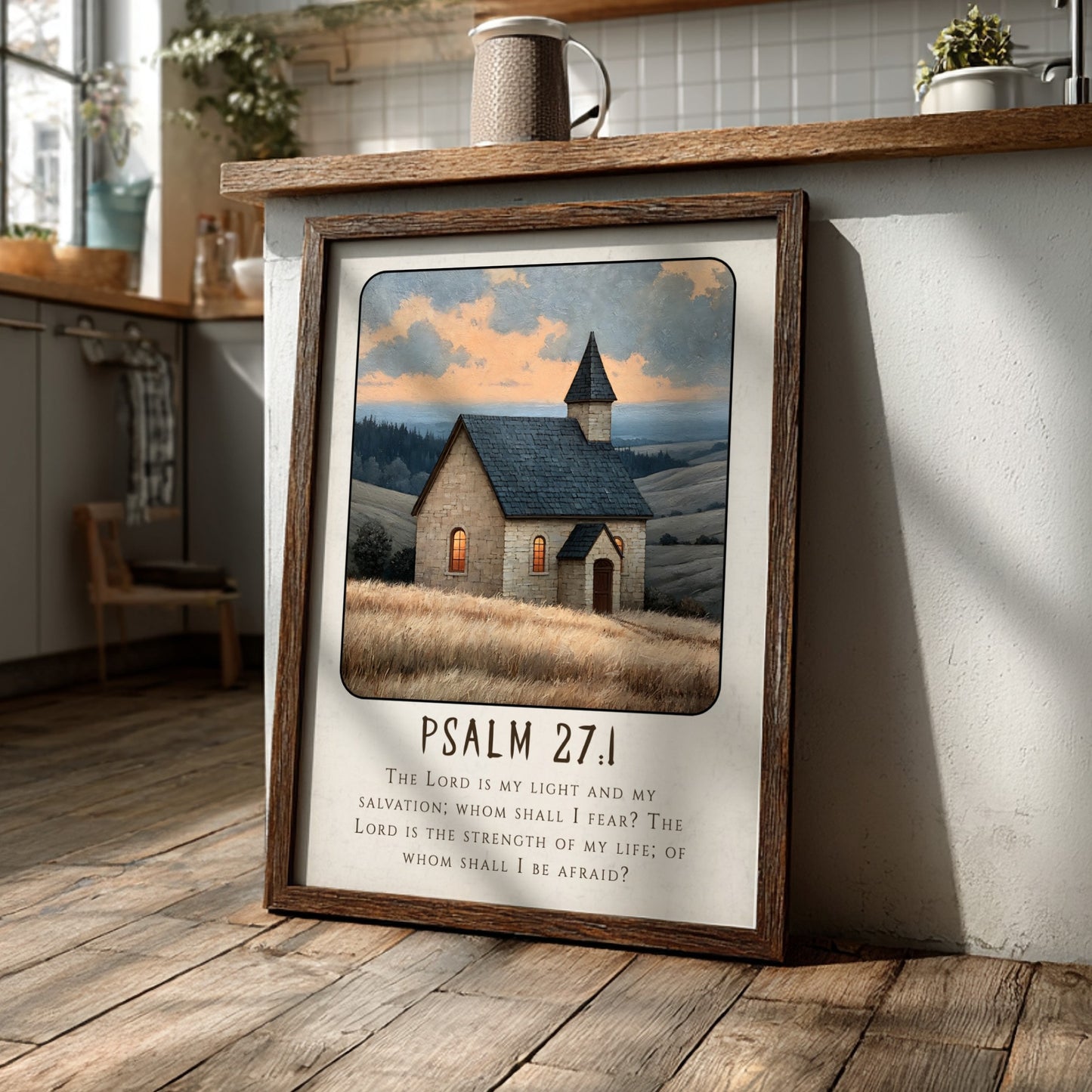 Psalm 27:1 poster featuring a serene church scene in warm colors, inspirational religion art for home decor