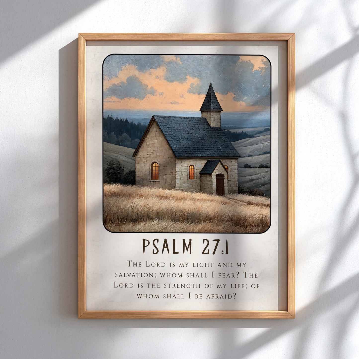 Psalm 27:1 poster featuring a serene church scene in warm colors, inspirational religion art for home decor