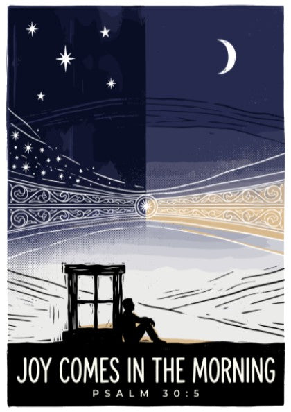 Poster featuring a silhouette sitting by a window watching the transition from night to morning.