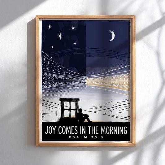 Poster featuring a silhouette sitting by a window watching the transition from night to morning.