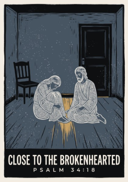 Poster featuring Close to the Brokenhearted text with a blue linocut style illustration.